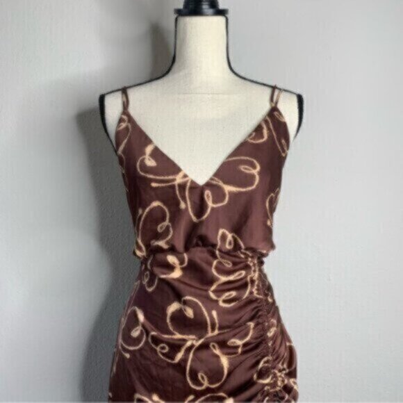 Urban Outfitters Brown & Cream Plunged Neckline Midi Dress - Picture 5 of 16